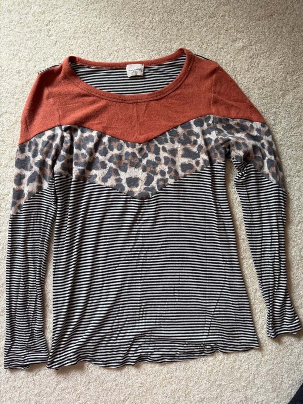 Striped & Leopard Colorblock Long-Sleeve Top - Rust